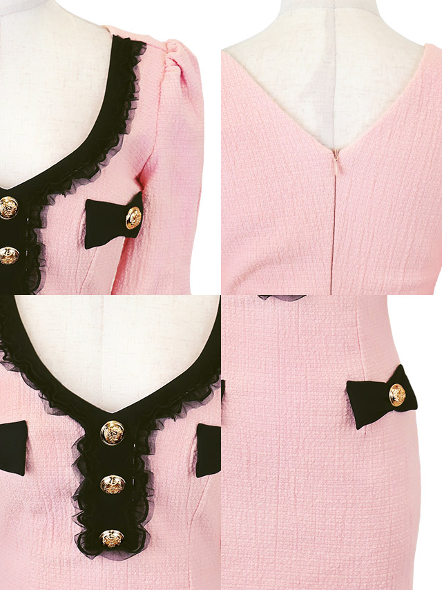 韓国ドレス ミニドレス リボン 袖あり パイピング レースチュール ストレッチ 裾フリル ピンク タイト キャバドレスのディティール1