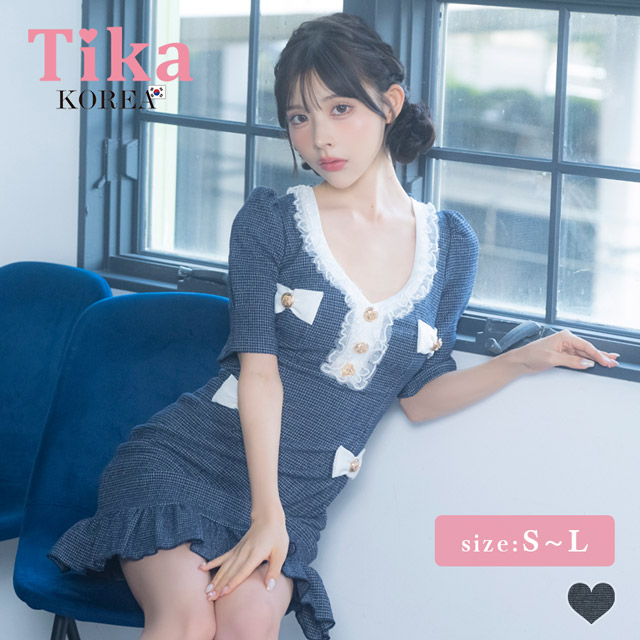 韓国ドレス ミニドレス リボン ツイード 袖あり 五分袖 ゴールドボタン フリル パイピング 裾フリル タイト キャバドレスのメイン画像