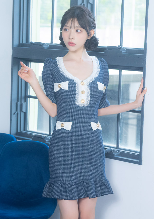 韓国ドレス ミニドレス リボン ツイード 袖あり 五分袖 ゴールドボタン フリル パイピング 裾フリル タイト キャバドレスイメージ画像1