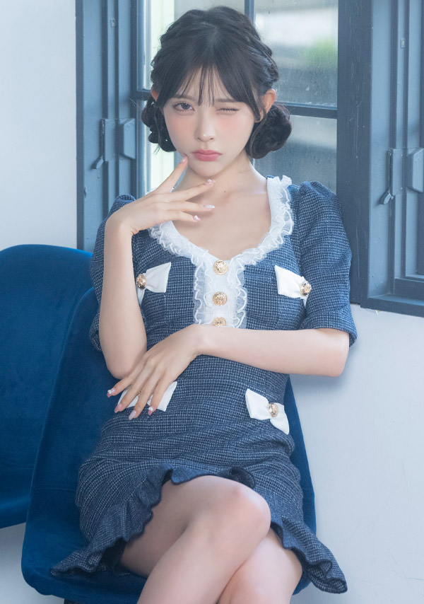 韓国ドレス ミニドレス リボン ツイード 袖あり 五分袖 ゴールドボタン フリル パイピング 裾フリル タイト キャバドレスイメージ画像1