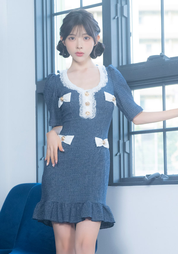 韓国ドレス ミニドレス リボン ツイード 袖あり 五分袖 ゴールドボタン フリル パイピング 裾フリル タイト キャバドレスのイメージ画像2