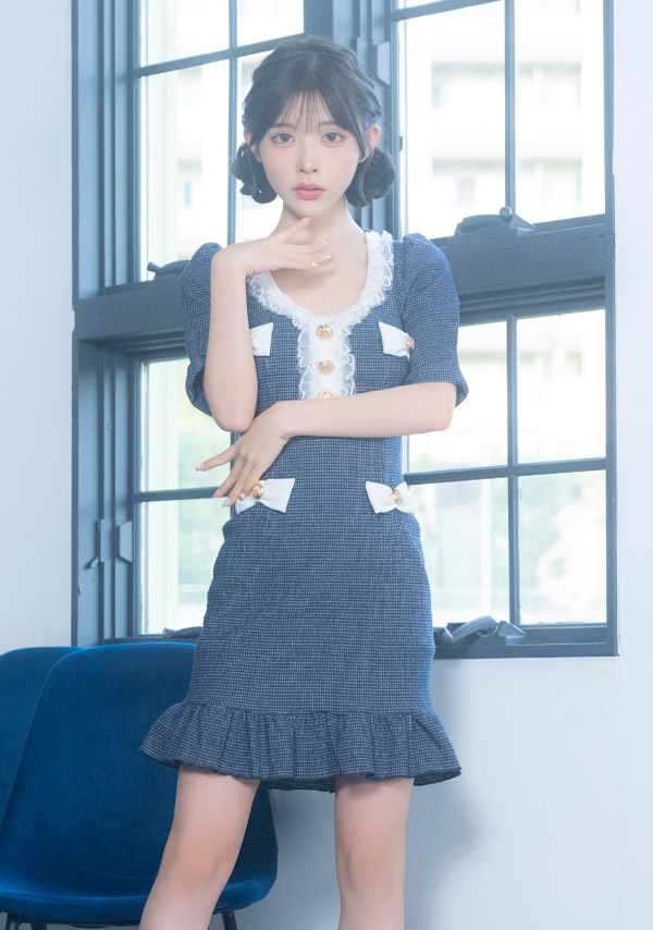 韓国ドレス ミニドレス リボン ツイード 袖あり 五分袖 ゴールドボタン フリル パイピング 裾フリル タイト キャバドレスのイメージ画像2