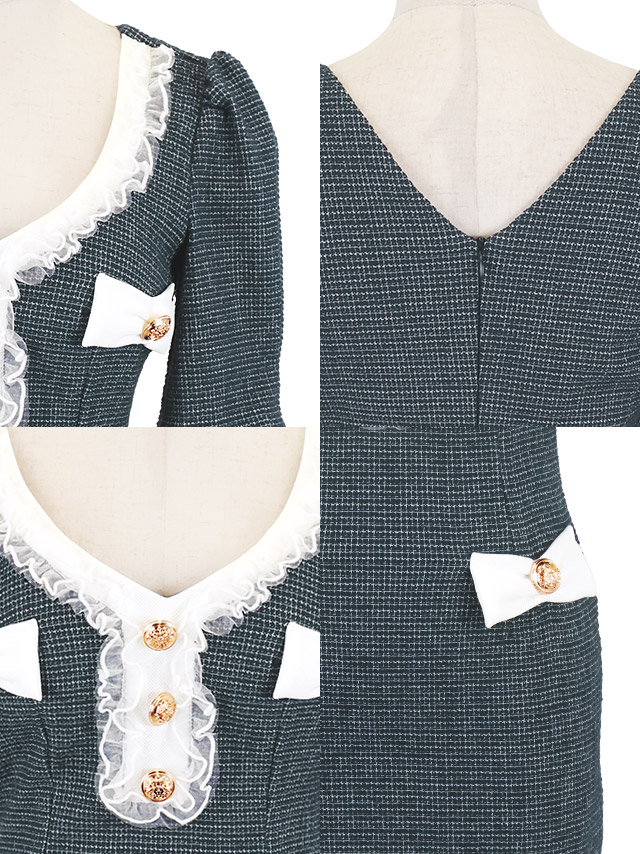 韓国ドレス ミニドレス リボン ツイード 袖あり 五分袖 ゴールドボタン フリル パイピング 裾フリル タイト キャバドレスのディティール1