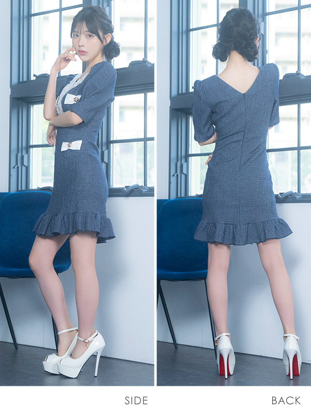 韓国ドレス ミニドレス リボン ツイード 袖あり 五分袖 ゴールドボタン フリル パイピング 裾フリル タイト キャバドレスのサイドバッグ全身