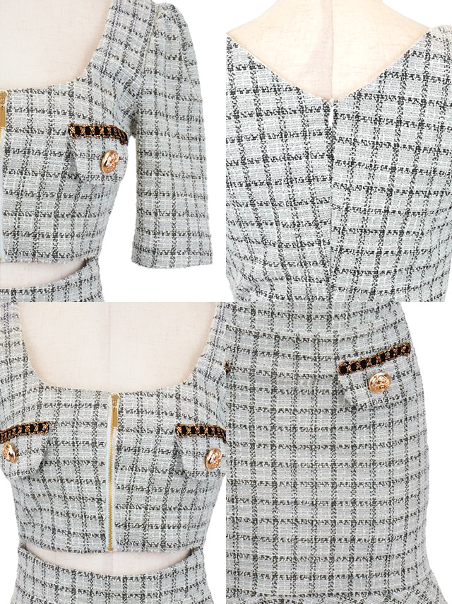 韓国ドレス ミニドレス ツイード チェック柄 チェーンボタン 袖あり 五分袖 バストジップ ウエストカット 裾フリル タイト キャバドレスのディティール1