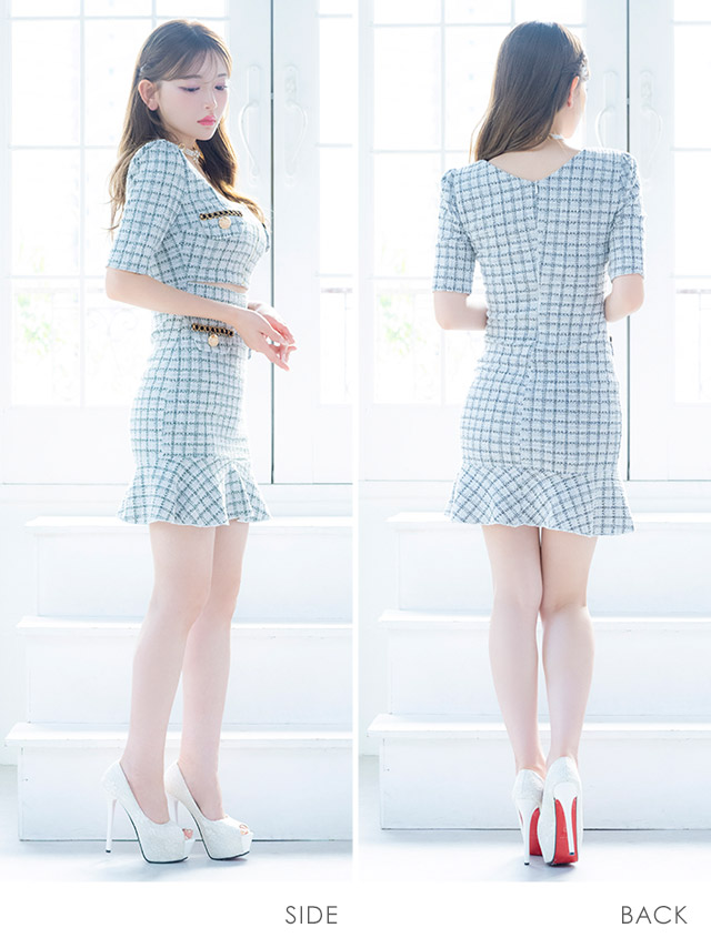 韓国ドレス ミニドレス ツイード チェック柄 チェーンボタン 袖あり 五分袖 バストジップ ウエストカット 裾フリル タイト キャバドレスのサイドバッグ全身
