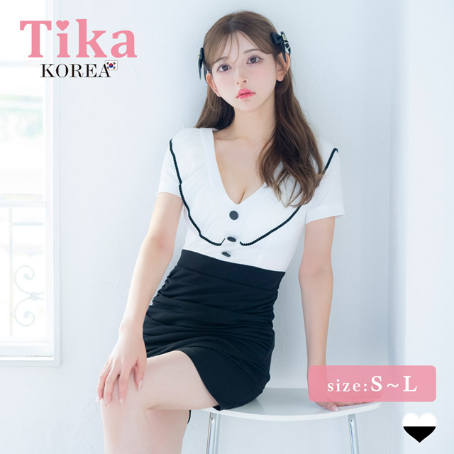 韓国ドレス ミニドレス パイピングフリル 襟付き ウエスト切替 ラップギャザー タイト キャバドレスのメイン画像