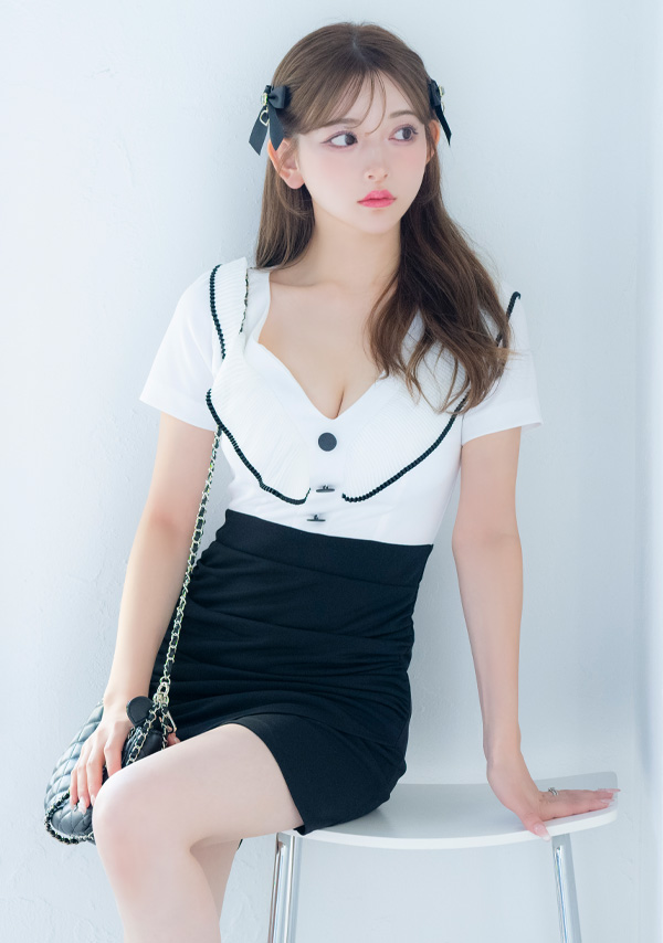 韓国ドレス ミニドレス パイピングフリル 襟付き ウエスト切替 ラップギャザー タイト キャバドレスイメージ画像1