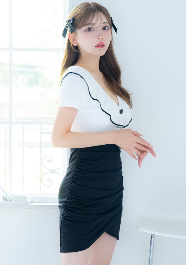 韓国ドレス ミニドレス パイピングフリル 襟付き ウエスト切替 ラップギャザー タイト キャバドレスのイメージ画像2