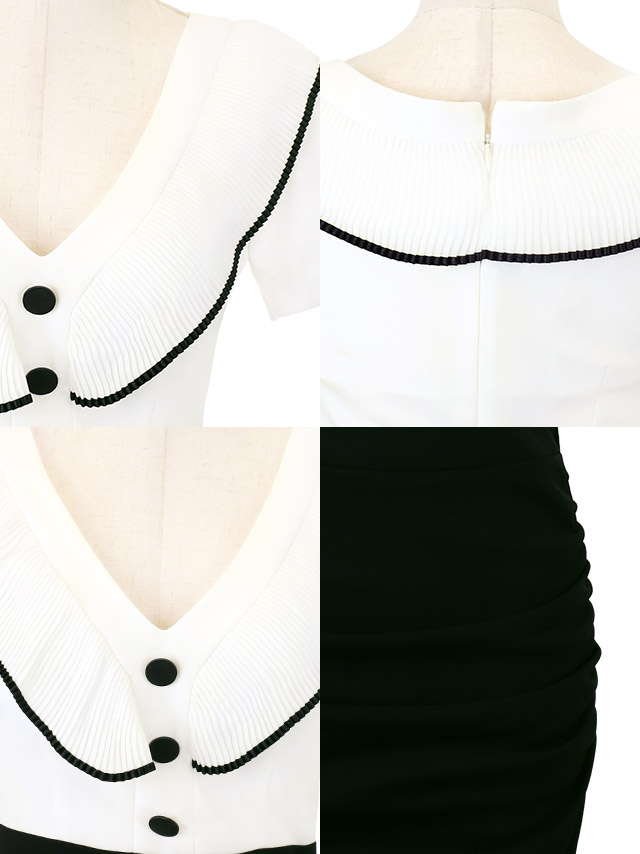 韓国ドレス ミニドレス パイピングフリル 襟付き ウエスト切替 ラップギャザー タイト キャバドレスのディティール1