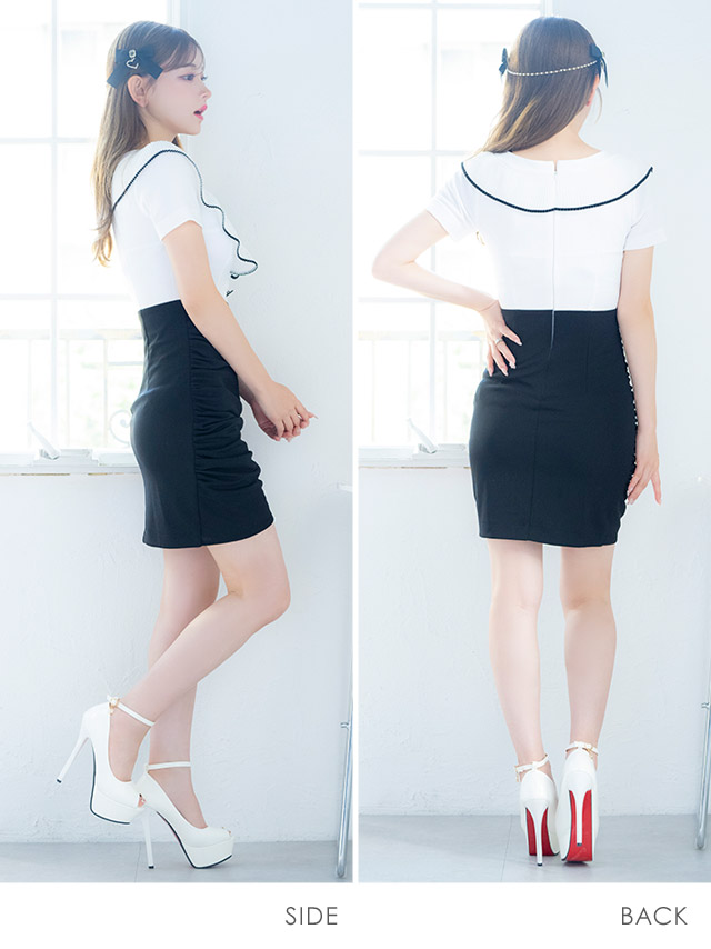韓国ドレス ミニドレス パイピングフリル 襟付き ウエスト切替 ラップギャザー タイト キャバドレスのサイドバッグ全身