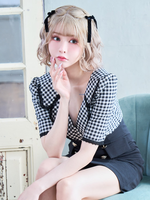 [韓国ドレス] ワンピース タイト ミニドレス ギンガムチェック柄 袖あり 襟付き テーラード パフスリーブ 五分袖 ブラジャーのままキャバドレスのイメージ画像1