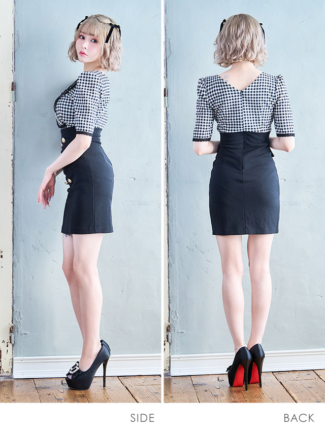 [韓国ドレス] ワンピース タイト ミニドレス ギンガムチェック柄 袖あり 襟付き テーラード パフスリーブ 五分袖 ブラジャーのままキャバドレスのサイドバッグ全身