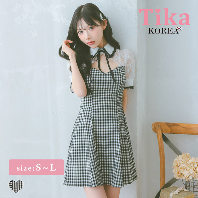 韓国ドレス ミニドレス 襟付き バストカット ネックリボン チェック柄 半袖 谷間魅せ Aライン キャバドレスのメイン画像