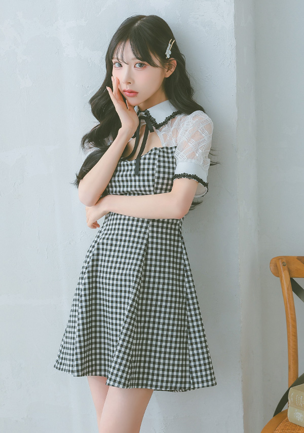 韓国ドレス ミニドレス 襟付き バストカット ネックリボン チェック柄 半袖 谷間魅せ Aライン キャバドレスイメージ画像1