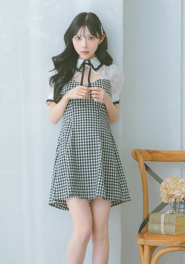 韓国ドレス ミニドレス 襟付き バストカット ネックリボン チェック柄 半袖 谷間魅せ Aライン キャバドレスイメージ画像1