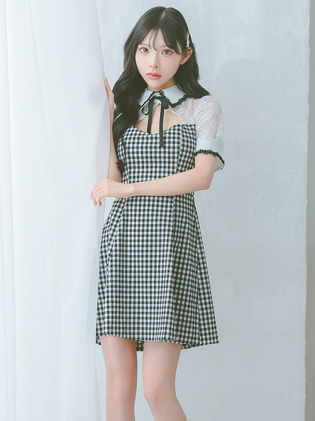 韓国ドレス ミニドレス 襟付き バストカット ネックリボン チェック柄 半袖 谷間魅せ Aライン キャバドレスのイメージ画像2