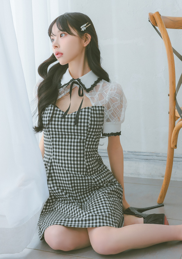 韓国ドレス ミニドレス 襟付き バストカット ネックリボン チェック柄 半袖 谷間魅せ Aライン キャバドレスのイメージ画像2