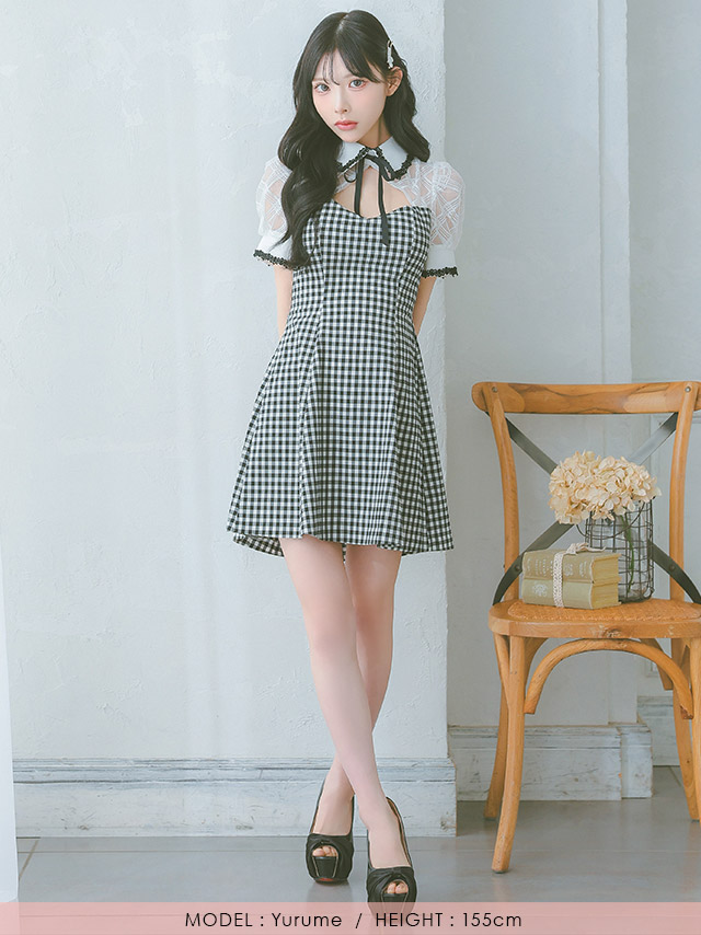 韓国ドレス ミニドレス 襟付き バストカット ネックリボン チェック柄 半袖 谷間魅せ Aライン キャバドレスのフロント全身