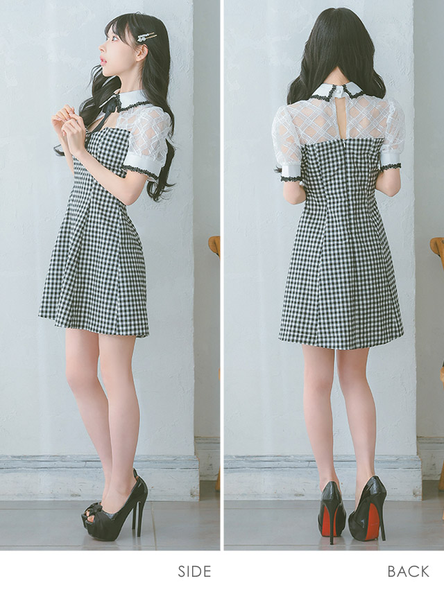 韓国ドレス ミニドレス 襟付き バストカット ネックリボン チェック柄 半袖 谷間魅せ Aライン キャバドレスのサイドバッグ全身