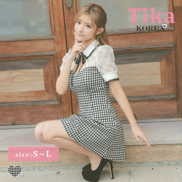 韓国ドレス ミニドレス 襟付き バストカット ネックリボン チェック柄 半袖 谷間魅せ Aライン キャバドレのメイン画像