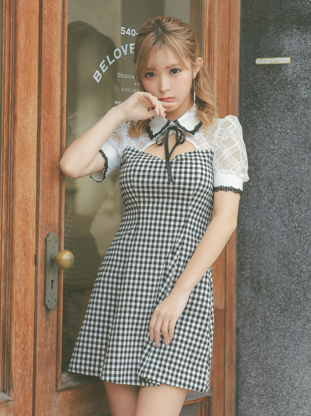 韓国ドレス ミニドレス 襟付き バストカット ネックリボン チェック柄 半袖 谷間魅せ Aライン キャバドレイメージ画像1