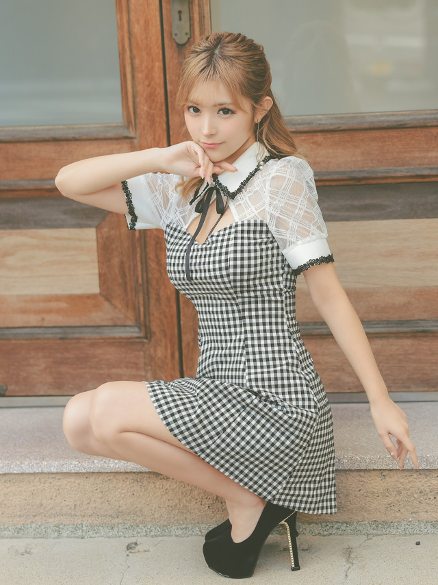 韓国ドレス ミニドレス 襟付き バストカット ネックリボン チェック柄 半袖 谷間魅せ Aライン キャバドレイメージ画像1
