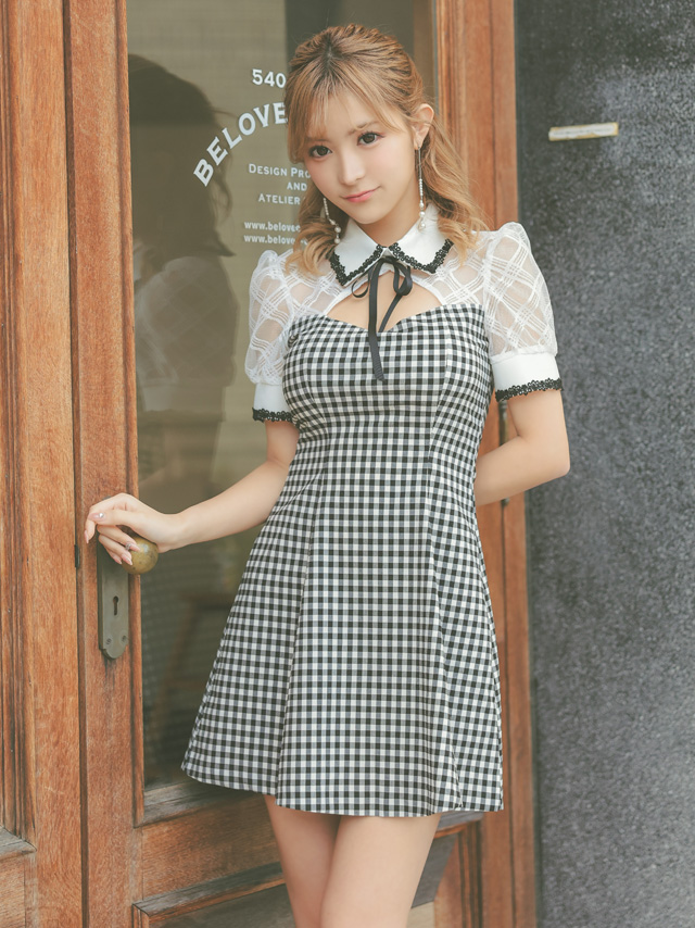 韓国ドレス ミニドレス 襟付き バストカット ネックリボン チェック柄 半袖 谷間魅せ Aライン キャバドレのイメージ画像2