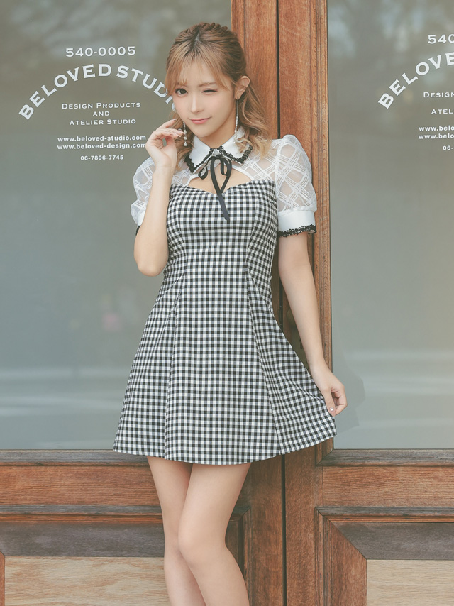 韓国ドレス ミニドレス 襟付き バストカット ネックリボン チェック柄 半袖 谷間魅せ Aライン キャバドレのイメージ画像2