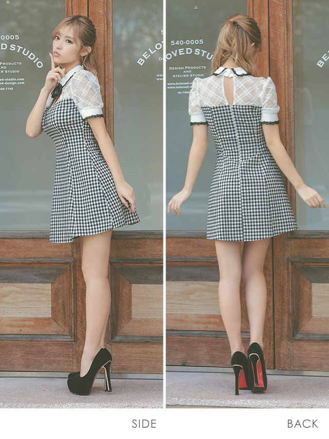 韓国ドレス ミニドレス 襟付き バストカット ネックリボン チェック柄 半袖 谷間魅せ Aライン キャバドレのサイドバッグ全身