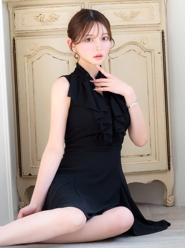 ワンピース Aライン ミニドレス ノースリーブ スタンドフリル シフォン ゴールドチェーン 同伴 黒 キャバドレス のイメージ画像2