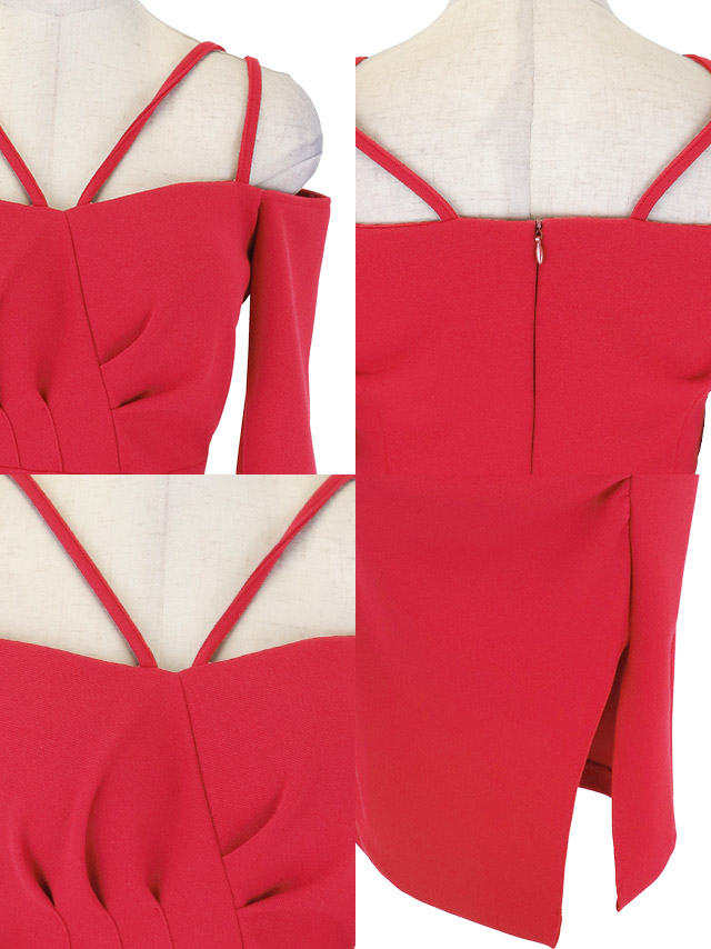 韓国ドレス 膝丈ドレス オフショルダー コードデザイン ワンカラー 袖あり 長袖 ストレッチ ギャザー スリット タイト キャバドレスのディティール1