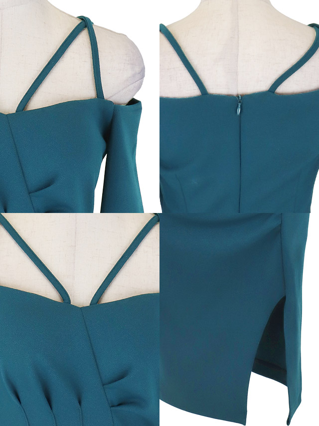 韓国ドレス 膝丈ドレス オフショルダー コードデザイン ワンカラー 袖あり 長袖 ストレッチ ギャザー スリット タイト キャバドレスのディティール2