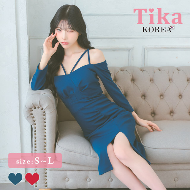 韓国ドレス 膝丈ドレス オフショルダー コードデザイン ワンカラー 袖あり 長袖 ストレッチ ギャザー スリット タイト キャバドレスのメイン画像