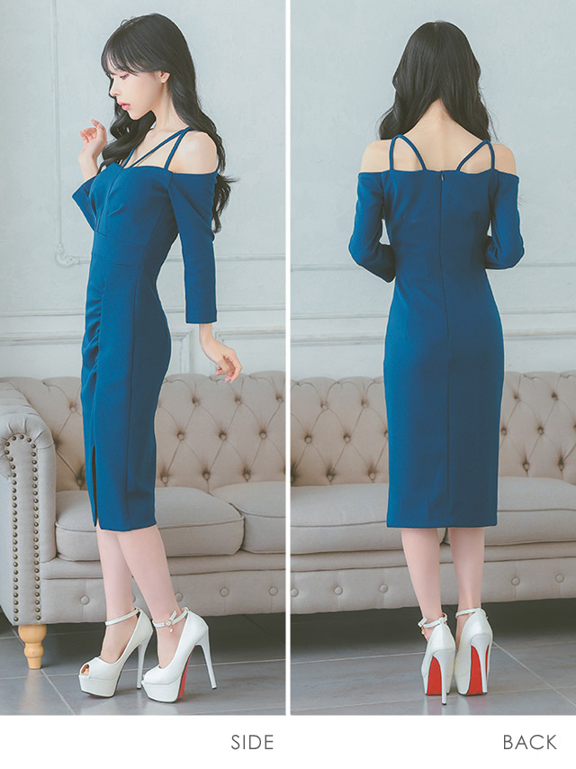 韓国ドレス 膝丈ドレス オフショルダー コードデザイン ワンカラー 袖あり 長袖 ストレッチ ギャザー スリット タイト キャバドレスのサイドバッグ全身