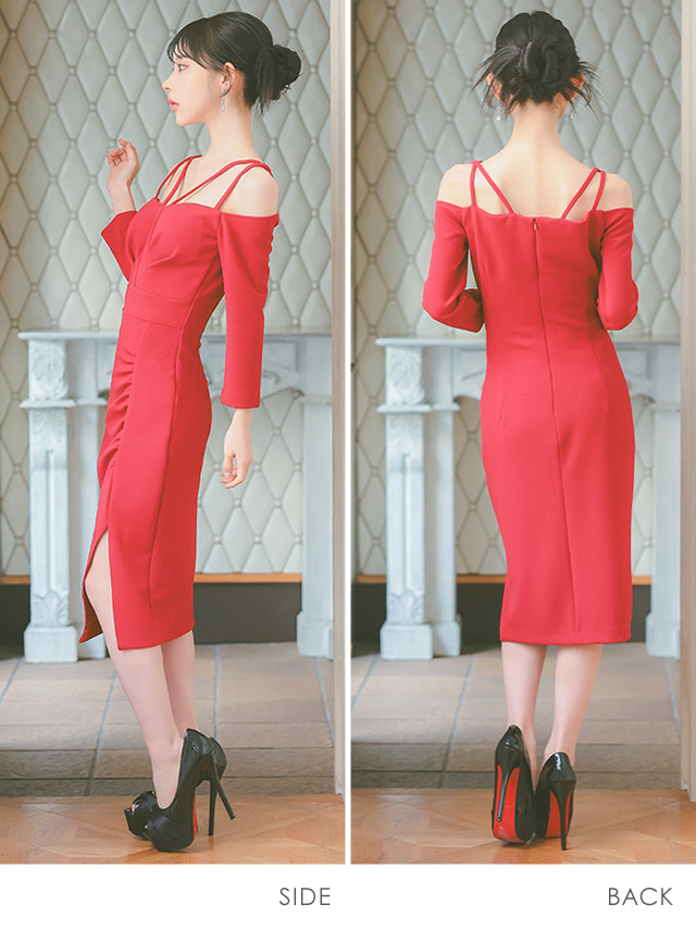 韓国ドレス 膝丈ドレス オフショルダー コードデザイン ワンカラー 袖あり 長袖 ストレッチ ギャザー スリット タイト キャバドレスのサイドバッグ全身