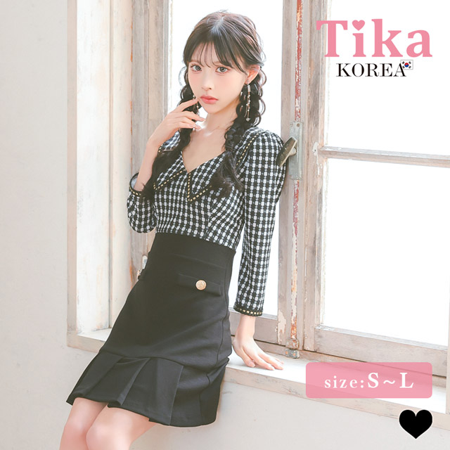 韓国ドレス ミニドレス 袖あり 襟付き チェック柄 八部袖 裾プリーツ タイト キャバドレスのメイン画像