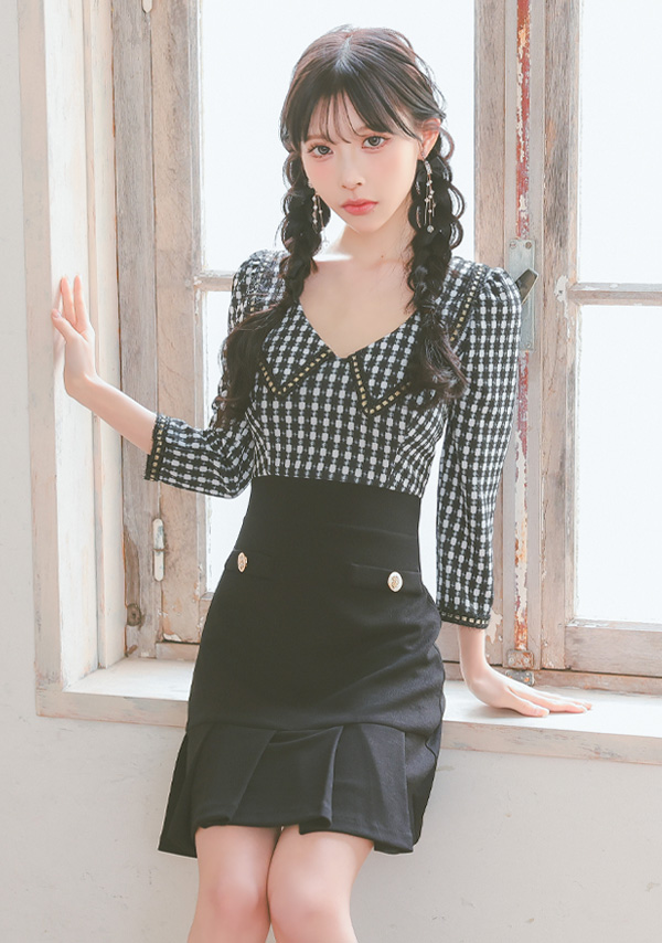 韓国ドレス ミニドレス 袖あり 襟付き チェック柄 八部袖 裾プリーツ タイト キャバドレスイメージ画像1