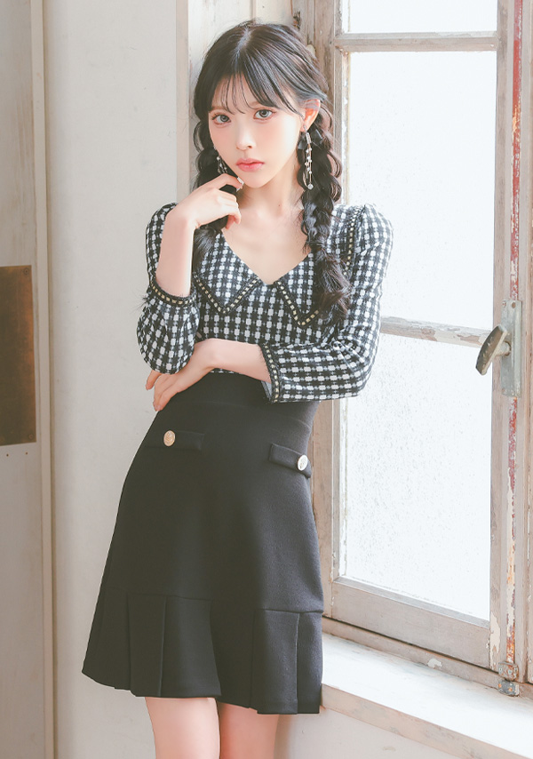 韓国ドレス ミニドレス 袖あり 襟付き チェック柄 八部袖 裾プリーツ タイト キャバドレスイメージ画像1