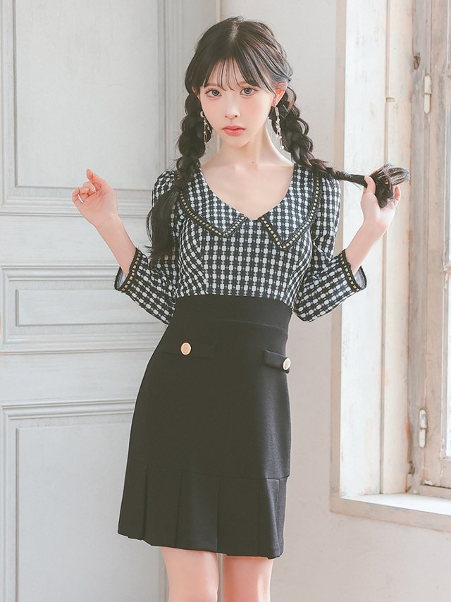 韓国ドレス ミニドレス 袖あり 襟付き チェック柄 八部袖 裾プリーツ タイト キャバドレスのイメージ画像2