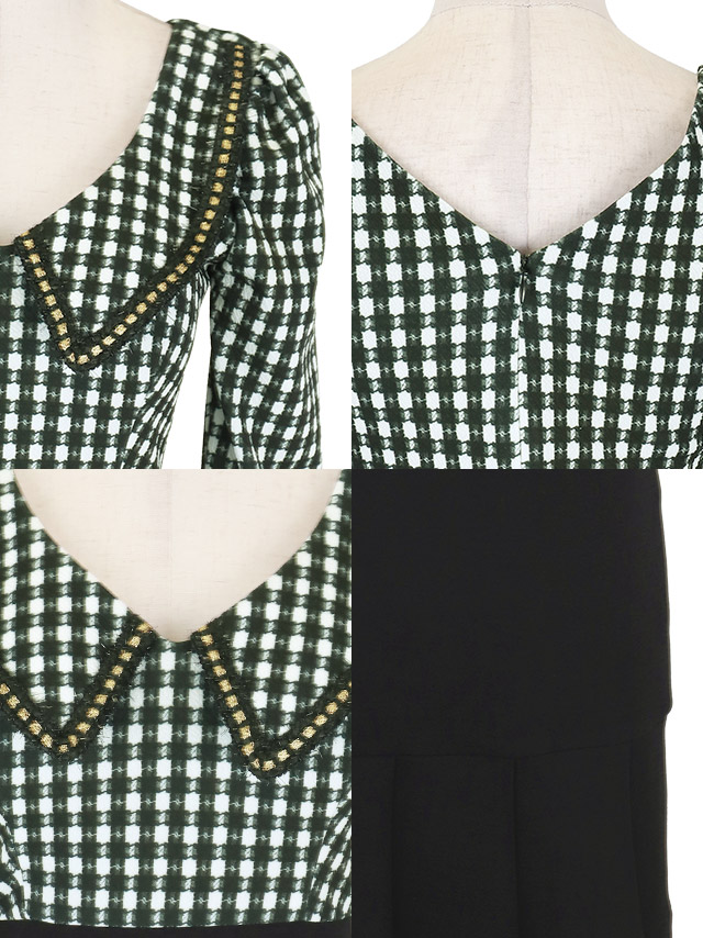 韓国ドレス ミニドレス 袖あり 襟付き チェック柄 八部袖 裾プリーツ タイト キャバドレスのディティール1