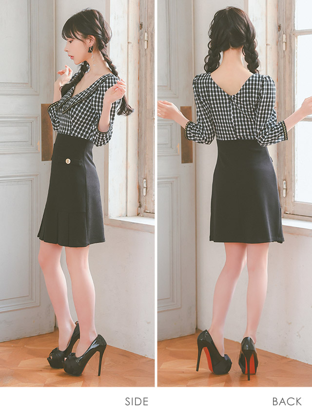 韓国ドレス ミニドレス 袖あり 襟付き チェック柄 八部袖 裾プリーツ タイト キャバドレスのサイドバッグ全身