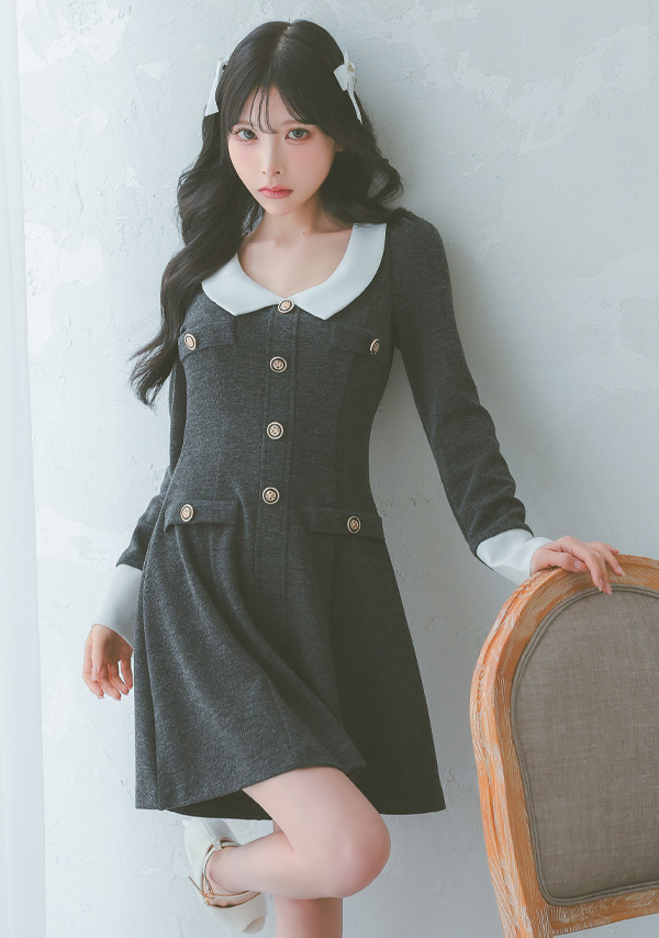 韓国ドレス ワンピース 襟付き ボタン バイカラー 長袖 胸元カバー Aライン ミニドレスイメージ画像1