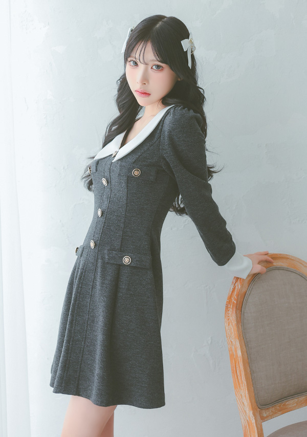 韓国ドレス ワンピース 襟付き ボタン バイカラー 長袖 胸元カバー Aライン ミニドレスイメージ画像1