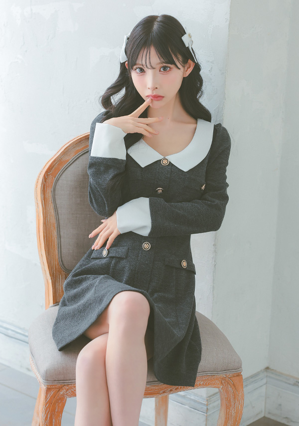 韓国ドレス ワンピース 襟付き ボタン バイカラー 長袖 胸元カバー Aライン ミニドレスのイメージ画像2