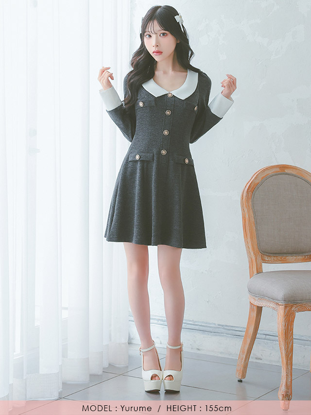 韓国ドレス ワンピース 襟付き ボタン バイカラー 長袖 胸元カバー Aライン ミニドレスのフロント全身