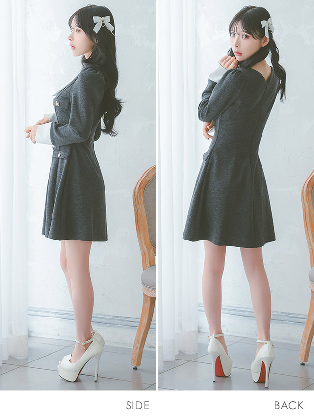 韓国ドレス ワンピース 襟付き ボタン バイカラー 長袖 胸元カバー Aライン ミニドレスのサイドバッグ全身