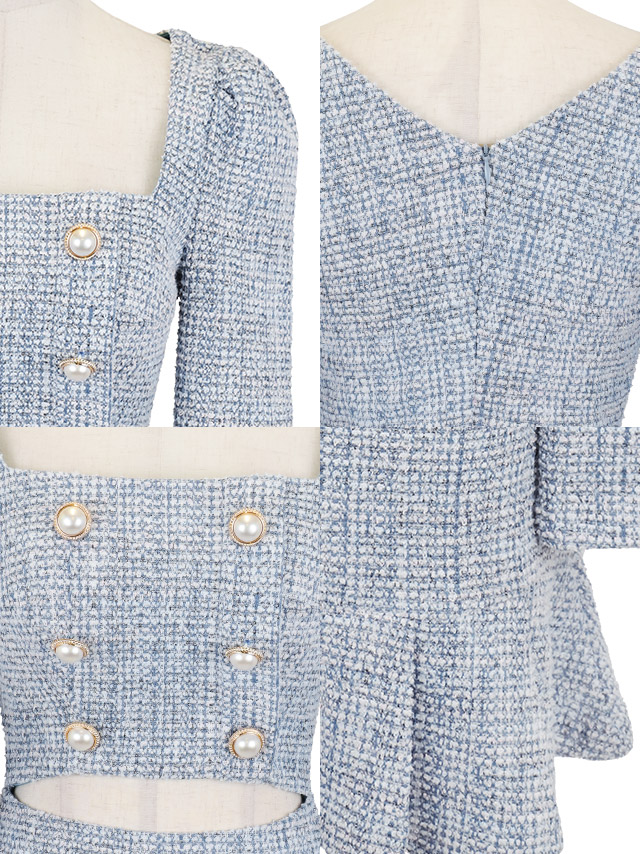 韓国ドレス ミニドレス ウエストカット ツイード 長袖 スクエアネック パール ダブルボタン 袖あり 裾プリーツ Aライン キャバドレスのディティール1