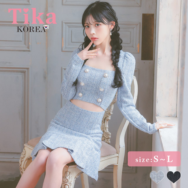 韓国ドレス ミニドレス ウエストカット ツイード 長袖 スクエアネック パール ダブルボタン 袖あり 裾プリーツ Aライン キャバドレスのメイン画像