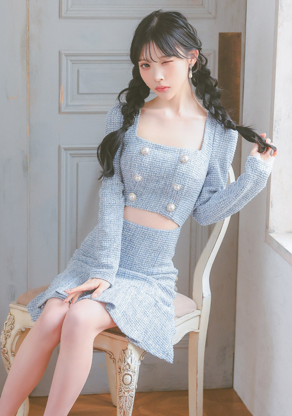 韓国ドレス ミニドレス ウエストカット ツイード 長袖 スクエアネック パール ダブルボタン 袖あり 裾プリーツ Aライン キャバドレスイメージ画像1